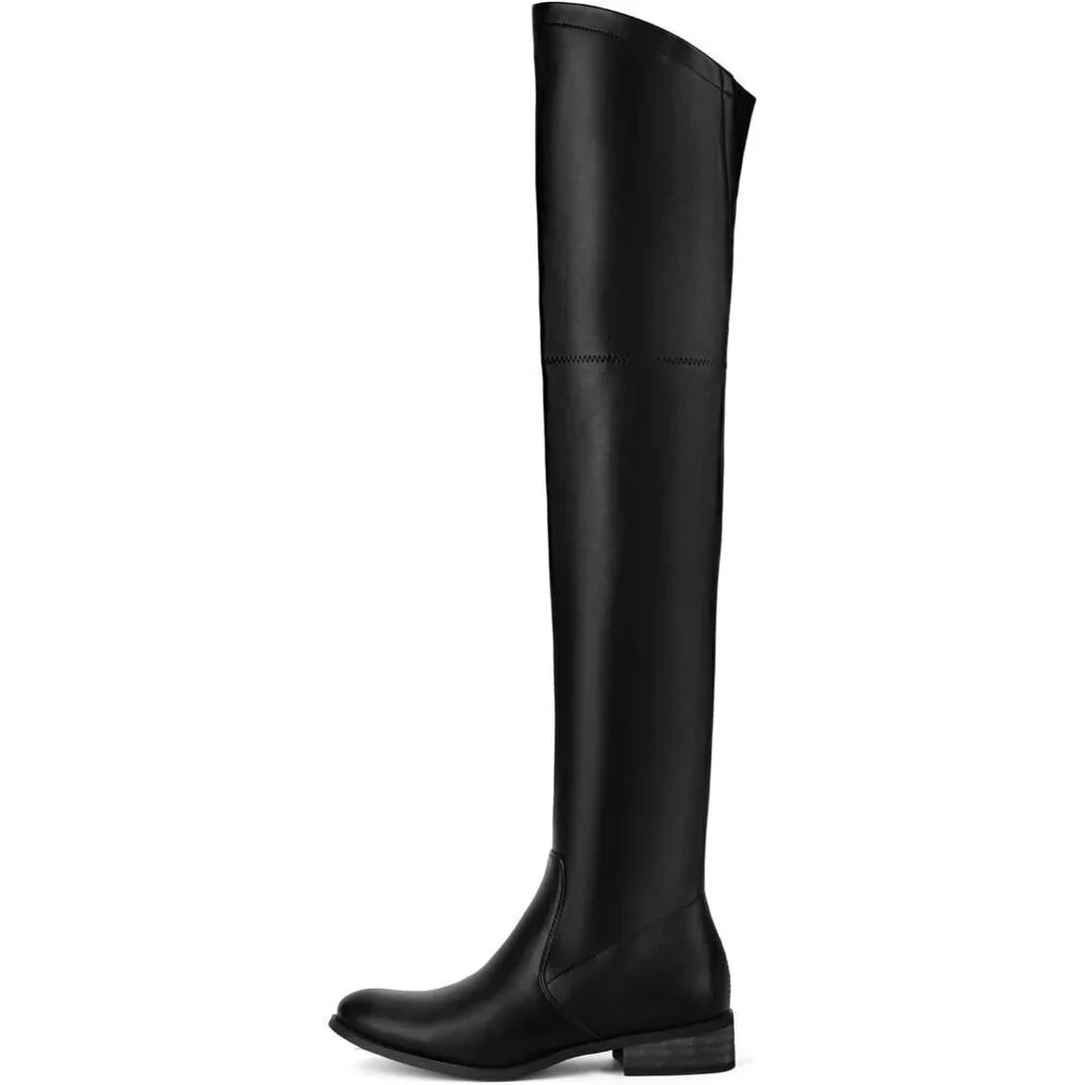 🆕Women Pu Black Over The Knee Boots Thigh High Low Block Heel Pointed Toe Boot